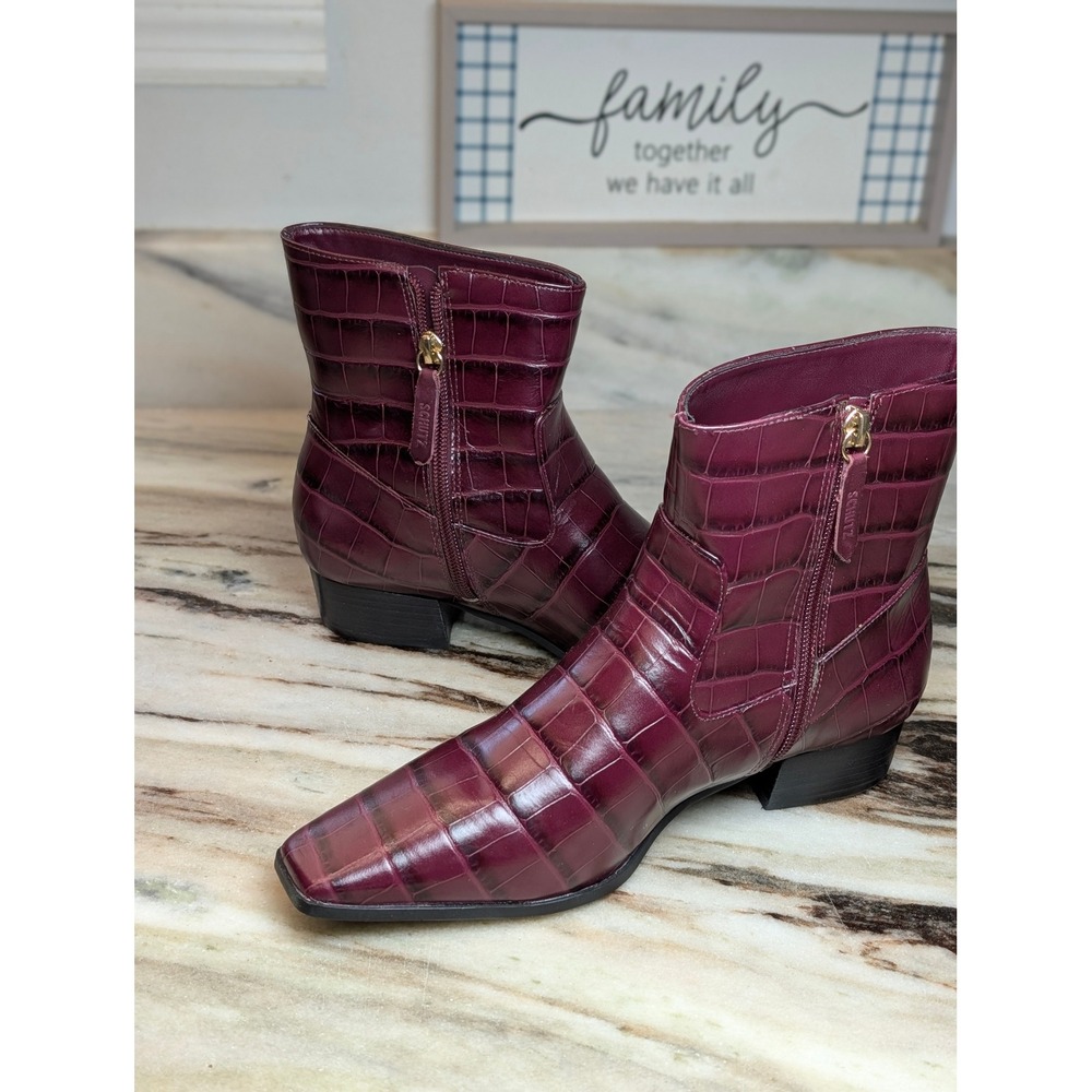 Schutz Helena Merlot Wine Croc Embossed Leather Square Toe Ankle Boots 7.5B
